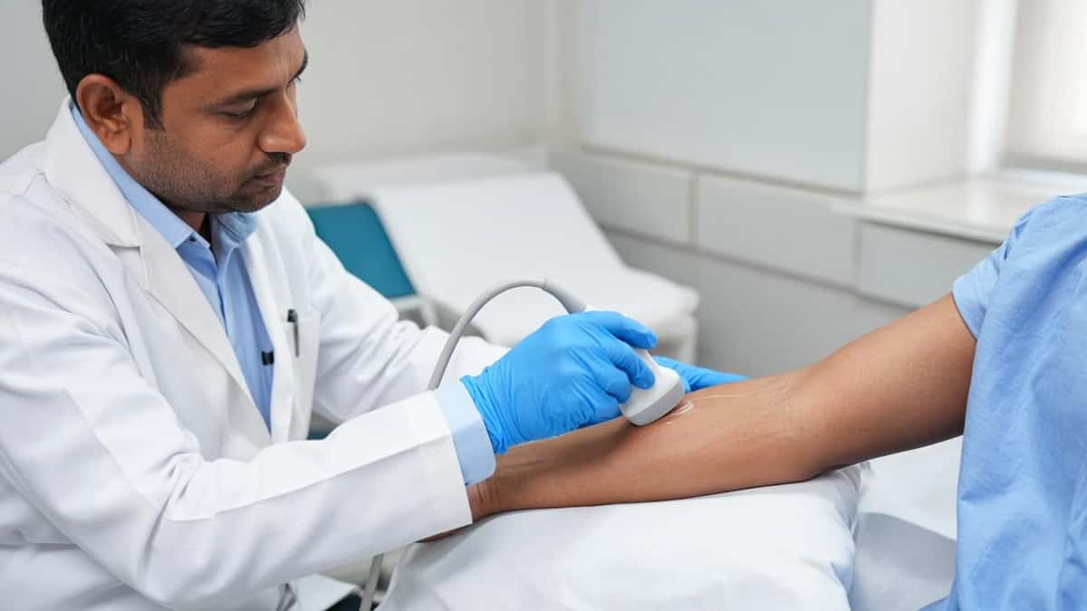 An Indian clinician scanning a forearm for dialysis access