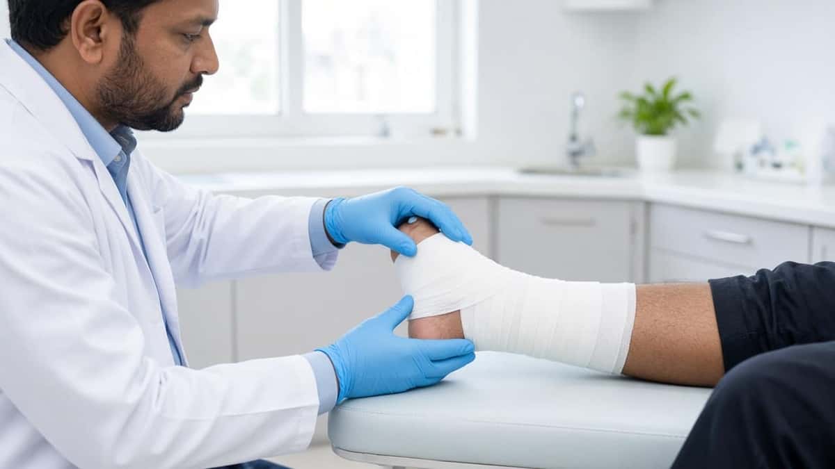 An Indian clinician examining a bandaged lower leg wound
