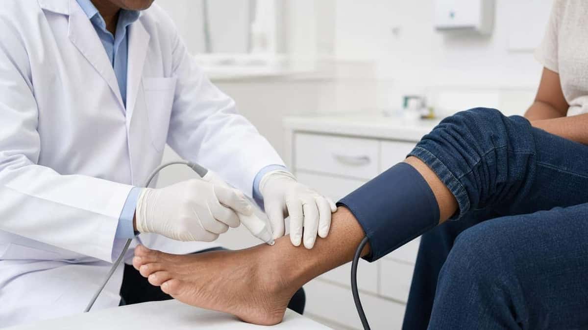 An Indian clinician checking ankle blood flow for peripheral arterial disease