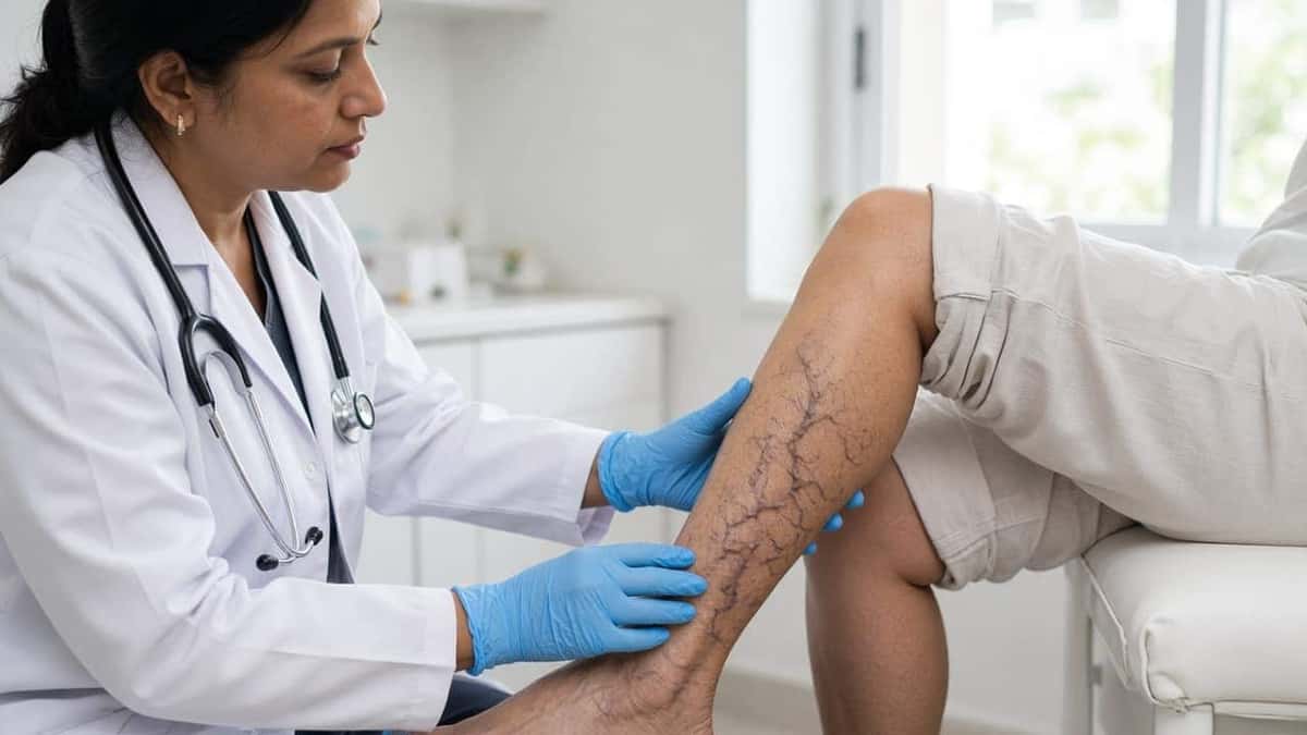 An Indian clinician examining varicose veins on a patient's calf
