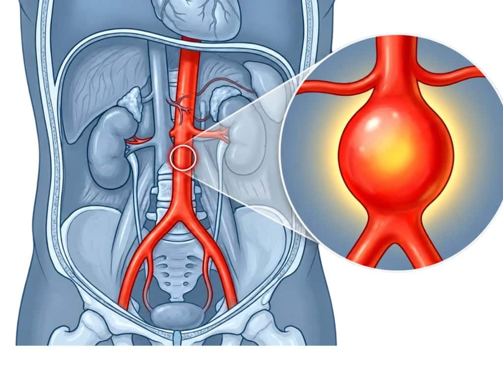 Illustration of an abdominal aortic aneurysm with a magnified bulging artery