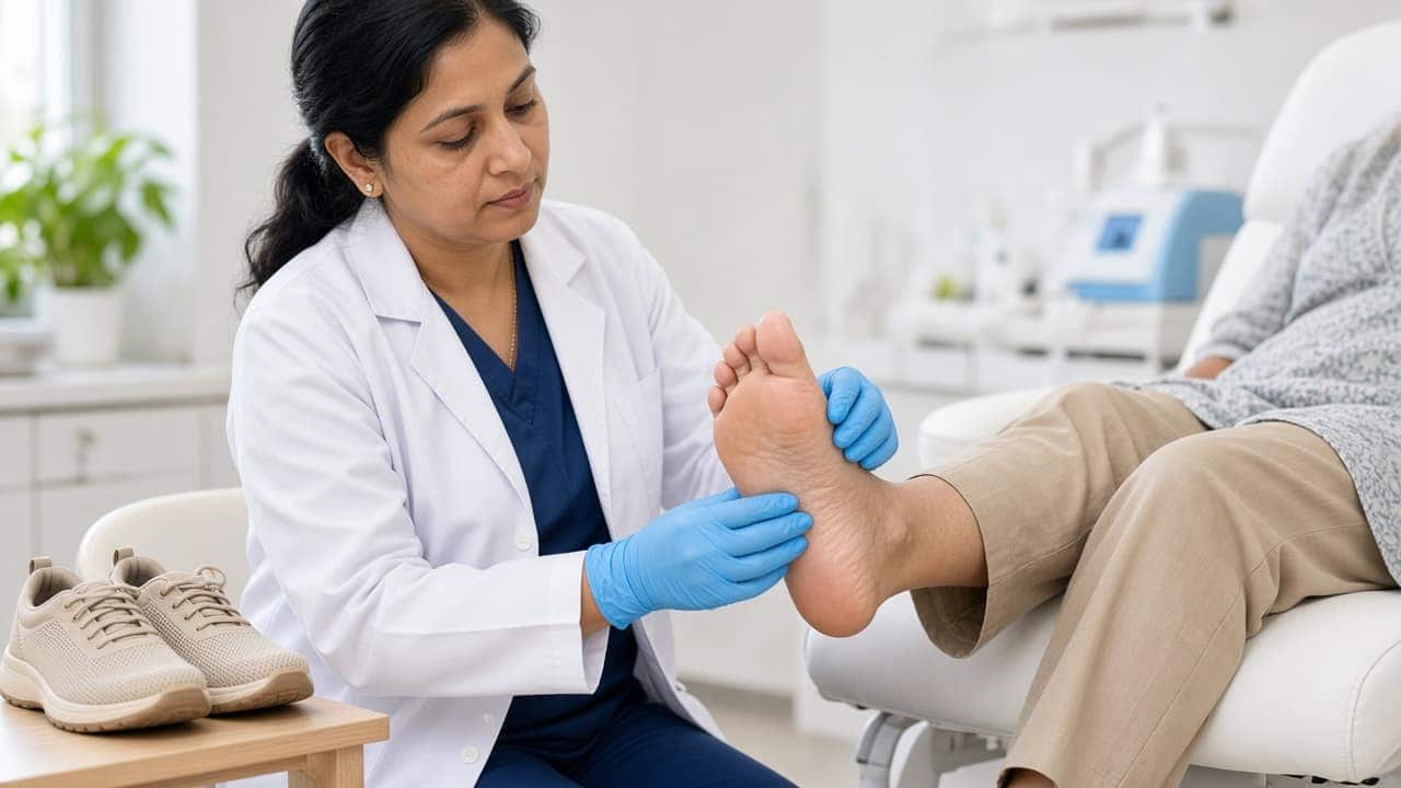 An Indian clinician inspecting the sole of a patient's foot
