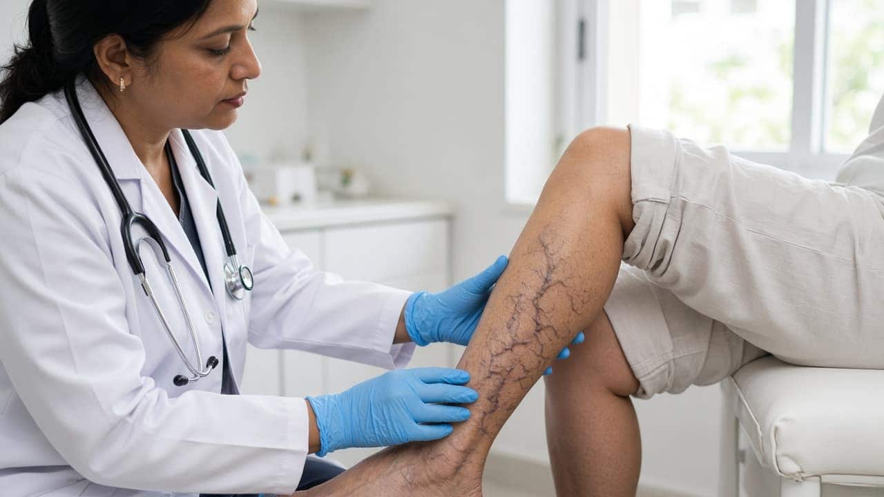 An Indian clinician examining varicose veins on a patient's calf